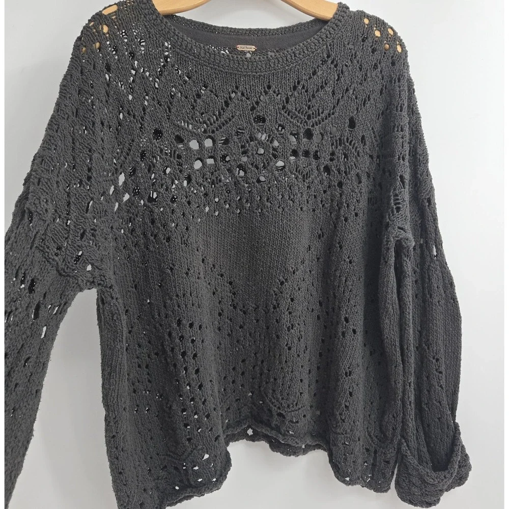 Free People Sweater Size Small Traveling Slate Gray Cotton Open Knit Crochet - Picture 5 of 15